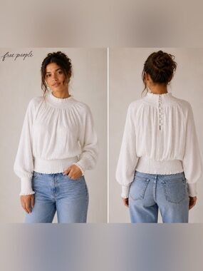 Free People XS Textured White Top Smocked Waist Stretch Lightweight